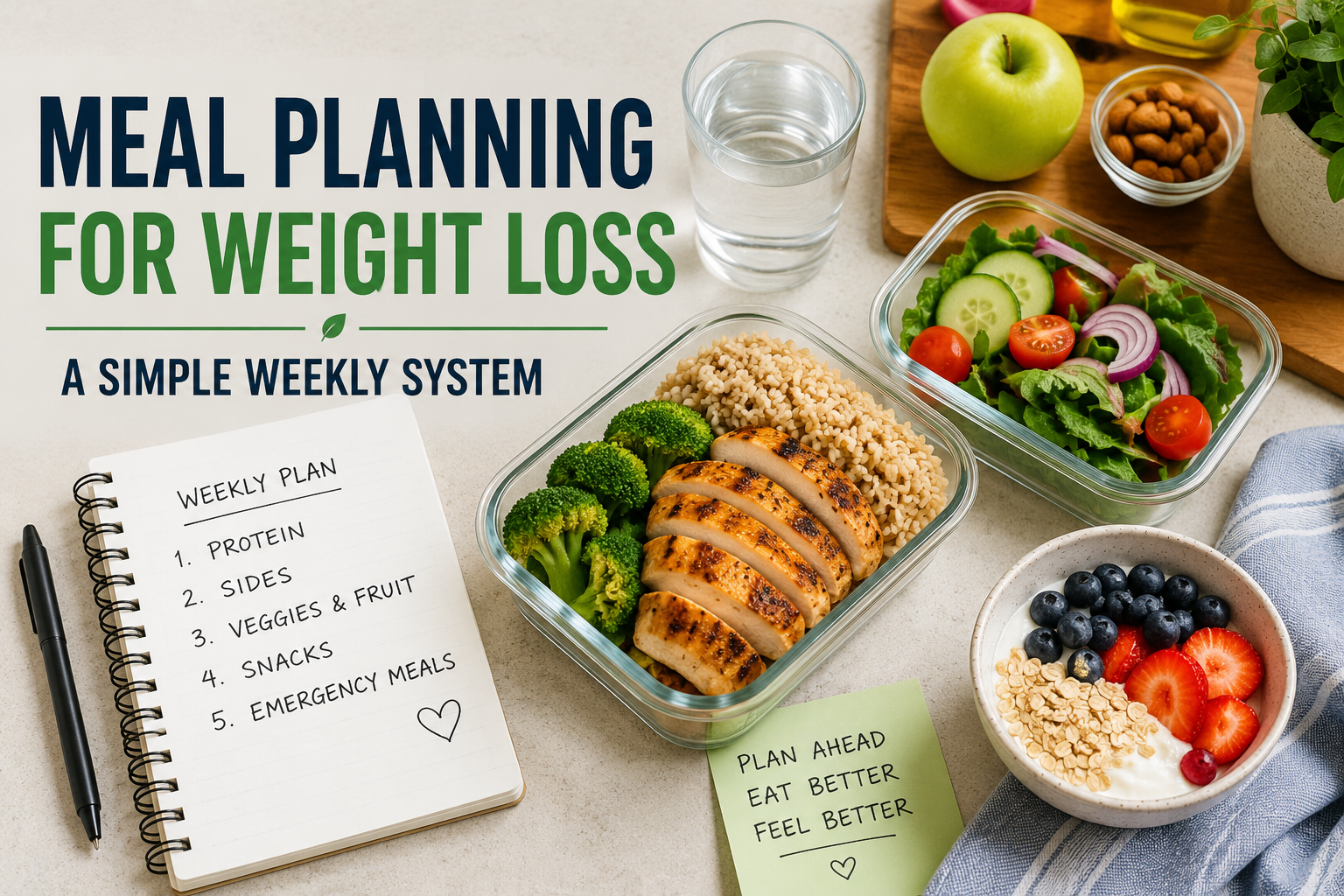 Meal planning sounds simple in theory. Then real life happens. You get home late. You are tired. There is nothing obvious to eat. Ordering food feels easier than figuring out dinner from scratch. This is where meal planning for weight loss can make a surprisingly big difference. It does not mean spending your entire Sunday cooking chicken, rice and vegetables into fourteen identical containers. Good meal planning is much simpler than that. The goal is to remove one question from your busiest days: “What am I going to eat?” When you already have a few realistic options available, making a reasonable food choice becomes easier. Here is a simple weekly system you can use without tracking every calorie or spending hours meal prepping. Why Meal Planning Can Help With Weight Loss Weight loss still depends largely on your overall energy balance. In practical terms, you generally need to consume fewer calories than your body uses over time. But knowing that does not automatically make everyday food decisions easy. A plan can help because it reduces last-minute decisions. According to the CDC, planning meals at home can make it easier to choose nutritious foods and avoid relying as often on less healthy convenience meals. Read the CDC guidance on healthier meals and snacks . The CDC also recommends prioritizing protein foods, fruits and vegetables, fiber-rich whole grains and appropriate portions as part of a healthy eating pattern. :contentReference[oaicite:0]{index=0} That fits perfectly with a simple approach to meal planning for weight loss. You Do Not Need Traditional Meal Prep One reason people avoid meal planning is that they imagine hours of cooking. That is optional. There is a difference between meal planning and meal prepping. Meal prepping means preparing food in advance. Meal planning simply means deciding what you are likely to eat before you are hungry, tired and standing in front of the refrigerator. You can plan meals without cooking anything ahead of time. For example, you might know that your dinners this week will come from these five options: chicken, potatoes and salad, eggs with vegetables and whole-grain toast, tuna wraps with vegetables, Greek yogurt, fruit and oats when you need something very quick, one flexible meal out or takeaway. You have already removed much of the decision-making. The Simple 5-Step Meal Planning System You do not need thirty recipes. Start with five simple decisions. 1. Choose 2–3 Protein Options Protein can make meals easier to structure because once you know the main protein source, the rest of the meal often becomes obvious. Choose a few foods you actually like and can prepare easily. For example: chicken or turkey, eggs, fish or tuna, Greek yogurt or cottage cheese, beans or lentils, tofu or other soy foods. You do not need all of them. Pick two or three for the week. This is one of the easiest ways to simplify meal planning for weight loss because you are creating a repeatable structure rather than searching for a new recipe every day. 2. Choose 2–3 Easy Side Options Next, choose simple carbohydrate or side options that work with several meals. Examples include: potatoes, rice, oats, whole-grain bread, wraps, beans, whole-grain pasta. Again, variety is useful, but you do not need endless variety. The easier the ingredients are to combine, the easier the plan becomes to follow. 3. Add Vegetables and Fruit Keep this part simple too. Frozen vegetables are perfectly useful. Prewashed salads can save time. Fruit requires almost no preparation. You might keep: frozen mixed vegetables, bagged salad, tomatoes and cucumbers, apples, bananas, berries. Foods rich in fiber can also help meals feel more satisfying. The CDC lists fruits, vegetables, whole grains, legumes, nuts and seeds among useful dietary fiber sources. :contentReference[oaicite:1]{index=1} 4. Plan 1–2 Snacks Instead of Improvising Snacking itself is not necessarily the problem. Unplanned, automatic snacking can be. If you often become hungry between meals, decide in advance what an appropriate snack might look like. Examples: Greek yogurt and fruit, an apple with a small portion of nuts, cottage cheese and fruit, vegetables with hummus, a simple protein-rich snack you enjoy. Planning the option ahead of time can help reduce the pattern of opening a cupboard and eating whatever happens to be easiest. This connects closely with our guide on how to stop eating when you are not hungry. FREE INTERMITTENT FASTING CHEAT SHEET Keep the Most Important Fasting Rules on Your Phone Get the free quick-start guide with schedules, fasting drinks, what breaks a fast and common mistakes. 5. Create Two Emergency Meals This may be the most important part of the entire system. Your plan needs to work on bad days, not only ideal days. Create two meals that take roughly five minutes or less. They should use foods you normally keep at home. For example: eggs, toast and tomatoes, tuna and a ready-made salad, Greek yogurt, oats, berries and nuts, a frozen vegetable mix with eggs or another protein, whole-grain wrap with chicken or tuna and vegetables. An emergency meal does not need to be impressive. Its job is to be easier than ordering something you did not really intend to eat. Use a Formula Instead of a Recipe Recipes can be useful, but formulas are often easier. A simple meal formula might be: Protein + vegetables + a carbohydrate source + optional healthy fat. That could become: chicken + salad + potatoes + olive oil, fish + vegetables + rice, eggs + vegetables + whole-grain toast, lentils + vegetables + rice, Greek yogurt + oats + berries + nuts. You can create dozens of meals from one basic formula. This is much easier than trying to follow a complicated seven-day diet plan. What About Portion Sizes? Meal planning does not automatically create a calorie deficit. Portion size still matters. A nutritious meal can still contain more energy than you need if portions are consistently very large. But you do not necessarily need to weigh every ingredient. Simple strategies can help: start with a reasonable serving, include protein and vegetables, eat from a plate rather than a package, eat slowly enough to notice fullness, wait before automatically taking a second serving. If you prefer not to track calories, read our full guide to creating a calorie deficit without counting calories. Do Not Plan Seven Perfect Days This is one of the biggest mistakes people make with meal planning for weight loss. They create a plan that assumes nothing unexpected will happen. Then a dinner invitation appears. A workday runs late. The family wants pizza. Someone forgets to buy an ingredient. The entire plan suddenly feels ruined. Instead of planning seven perfect days, build flexibility into your week. For example: four or five planned dinners, one leftover meal, one flexible meal out, one emergency meal if needed. This makes the system much more realistic. Repeat Meals Without Feeling Guilty About It You do not need a completely different breakfast, lunch and dinner every day. Repeating meals can make healthy eating dramatically simpler. You might have the same breakfast most weekdays. You might rotate two lunches. You might use five or six regular dinners. That is not boring if you like the food. It is efficient. The goal of meal planning is not culinary entertainment. The goal is to make your normal eating routine easier to maintain. Build Your Grocery List From the Plan Once you know your basic meals, shopping becomes easier. Instead of walking through the supermarket hoping ideas appear, build your list around your weekly structure. A simple list might look like this: Protein: chicken, eggs, Greek yogurt, tuna. Vegetables and fruit: salad mix, frozen vegetables, tomatoes, apples, bananas. Carbohydrates: potatoes, rice, oats, whole-grain bread. Extras: olive oil, nuts, seasonings, coffee or tea. A shorter, intentional list can also reduce the number of foods you buy simply because you saw them in the store. Meal Planning and Intermittent Fasting You do not need intermittent fasting to lose weight. But if you already use an eating window, meal planning can make that routine easier. For example, someone following a 16:8 schedule might plan: first meal around midday, optional planned snack, dinner before the eating window closes. The eating window itself does not guarantee weight loss. What matters is what the routine helps you do consistently. If you are new to fasting, start with our beginner’s guide to intermittent fasting. Where Feel Great Can Fit Into the Routine A structured routine can be easier to maintain when fewer daily decisions are required. For people who choose to use the Feel Great system, Unimate and Balance can become part of that broader daily routine. They should not replace nutritious meals, sensible portions, movement, adequate sleep or the basic habits that support weight management. The foundation remains your overall lifestyle. Curious About the Feel Great Routine? See the products and learn how they can fit into a simple daily structure. EXPLORE FEEL GREAT → Affiliate disclosure: Routine Made Simple may earn a commission if you purchase through this link, at no additional cost to you. Combine Meal Planning With Daily Movement Food choices are only one part of weight management. Regular movement matters too. You do not necessarily need an extreme exercise program. Walking is one of the simplest ways to increase daily activity, especially if you are currently sedentary. Our guide to walking for weight loss explains how to build your step count gradually instead of chasing an arbitrary number from day one. The CDC describes healthy weight loss as a broader lifestyle that includes healthy eating patterns, regular physical activity, enough sleep and stress management. :contentReference[oaicite:2]{index=2} A 10-Minute Weekly Meal Planning Routine You do not need an elaborate planner. Once a week, take ten minutes and answer five questions: What protein foods will I use? What vegetables and fruit do I need? What simple side dishes will I use? What are my two emergency meals? Which day will probably need a flexible meal? Then create your grocery list. That is enough. As with most healthy habits, the best system is not the most sophisticated one. It is the one you can repeat. If consistency is difficult for you, our guide on how to build a habit without relying on motivation is a useful next step. Meal Planning for Weight Loss: A Simple Example Here is what a realistic week might look like. Breakfast options: Greek yogurt, oats and fruit, eggs with whole-grain toast. Lunch options: chicken salad wrap, leftovers from dinner. Dinner options: chicken, potatoes and vegetables, fish, rice and salad, eggs and vegetables, tuna wraps, one flexible dinner. Emergency meals: Greek yogurt, oats, fruit and nuts, eggs, toast and vegetables. That is not a strict diet. It is simply a framework. Common Meal Planning Mistakes Meal planning can become unnecessarily difficult when you try to make it perfect. Watch for these common mistakes: choosing too many new recipes, planning meals you do not actually enjoy, forgetting about busy days, buying ingredients that only work in one recipe, creating portions that leave you constantly hungry, having no backup meals, assuming one unplanned meal ruins the entire week. A useful plan should reduce stress, not create more of it. Meal Planning for Weight Loss: The Bottom Line Meal planning for weight loss does not need to involve calorie spreadsheets, complicated recipes or an entire Sunday spent cooking. A simpler approach is often easier to maintain. Choose a few protein foods. Add simple sides, fruit and vegetables. Plan one or two useful snacks. Create two emergency meals. Leave room for real life. Then repeat the foods and combinations that work. The biggest benefit of planning is not perfection. It is reducing the number of difficult food decisions you need to make when you are already tired, hungry or busy. Make Your Routine Easier to Follow If intermittent fasting is part of your routine, our free 7-day guide can help you build a simple 16:8 schedule without making the process unnecessarily complicated. GET THE FREE 7-DAY GUIDE → EXPLORE FEEL GREAT → Affiliate disclosure: Routine Made Simple may earn a commission from qualifying purchases made through affiliate links, at no additional cost to you. meal planning for weight loss