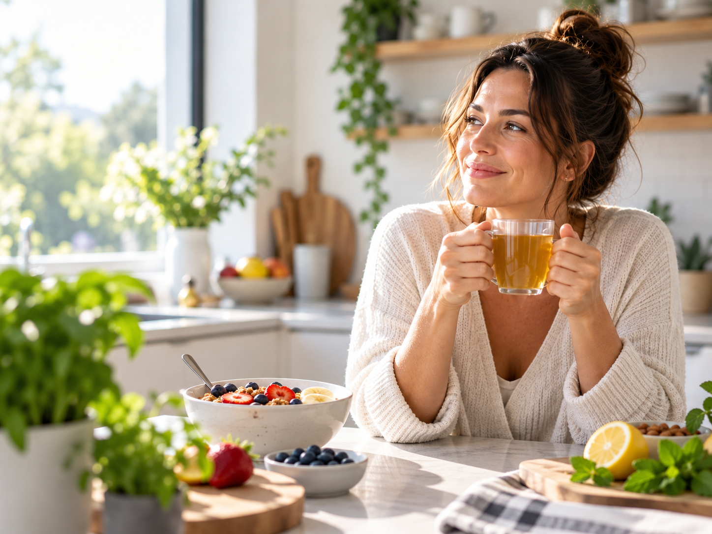 Simple healthy morning routine with tea and a nutritious breakfast
